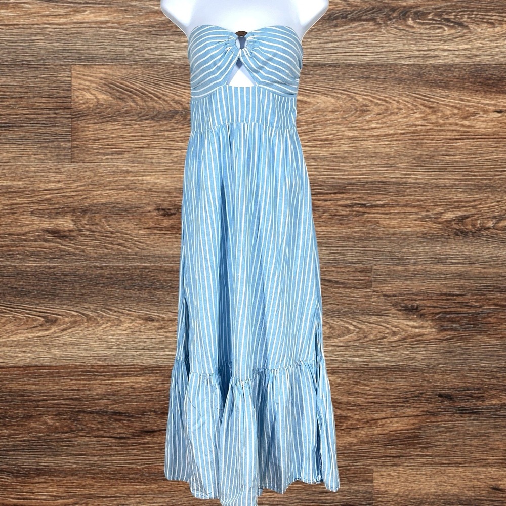 L*Space Melody Dress Size M Blue Bay Stripes Linen Blend Strapless Maxi Tiered - Picture 2 of 8